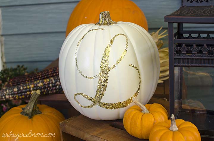 Glitter Monogrammed Pumpkin and a tutorial on using Silhouette double-sided adhesive | unOriginalMom.com