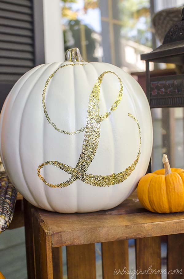 Glitter Monogrammed Pumpkin and a tutorial on using Silhouette double-sided adhesive | unOriginalMom.com