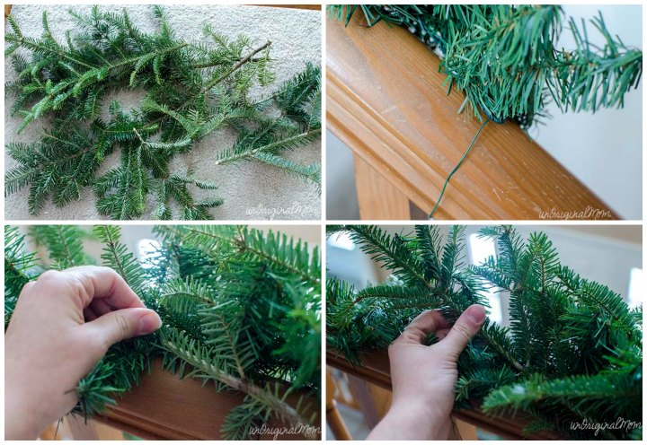 Make your own garland using cheap $2 garland strands from Walmart as a base and free clippings from the tree farm