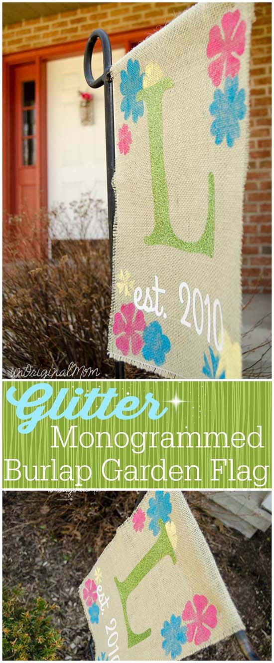 A "rustic glam" burlap garden flag with glitter heat transfer vinyl!