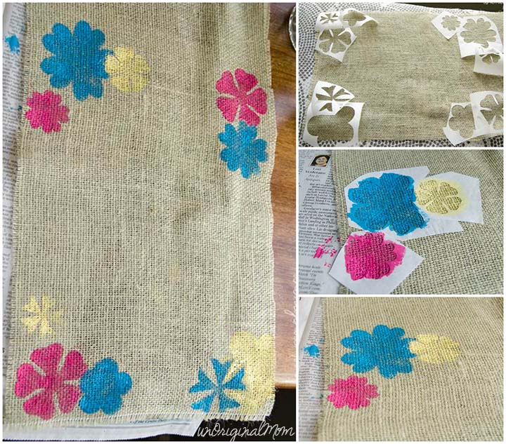 How to make a burlap garden flag - paint flowers using freezer paper stencils cut with your Silhouette!