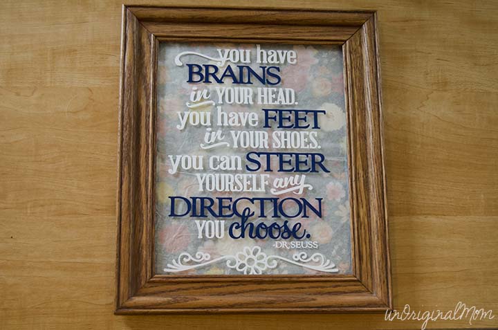Dr. Seuss Quote Graduation Gift - cut out of vinyl and adhered to the glass in a photo frame. 