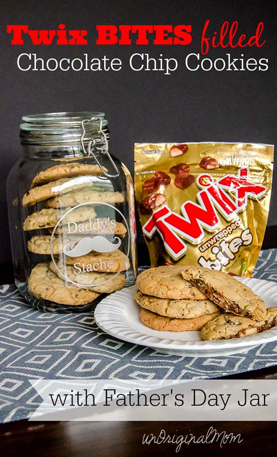 Twix BITES filled chocolate chip cookies - perfect to fill a jar for Dad on Father's Day!