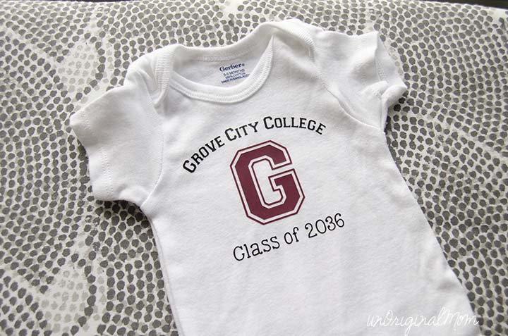 Use heat transfer vinyl to make a "Class of" college onesie for baby!