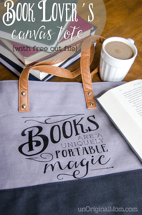 A perfect gift for a book lover..."Books are a uniquely portable magic" quote on a canvas tote bag. Free cut file and printable!