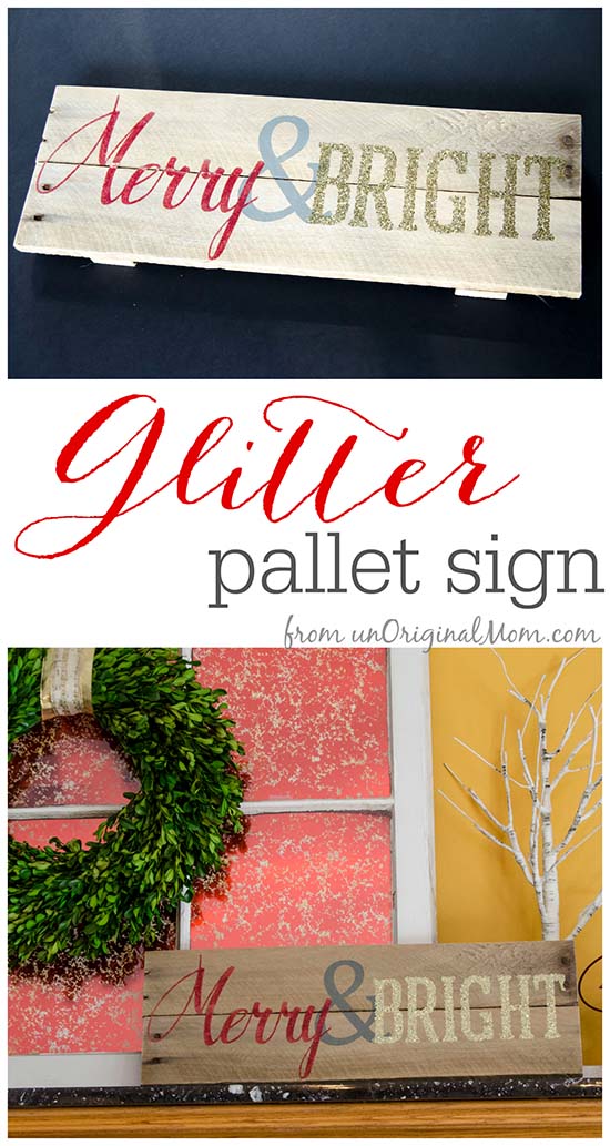 Merry and Bright Glitter Pallet Sign - great #rusticglam decor for the holidays!