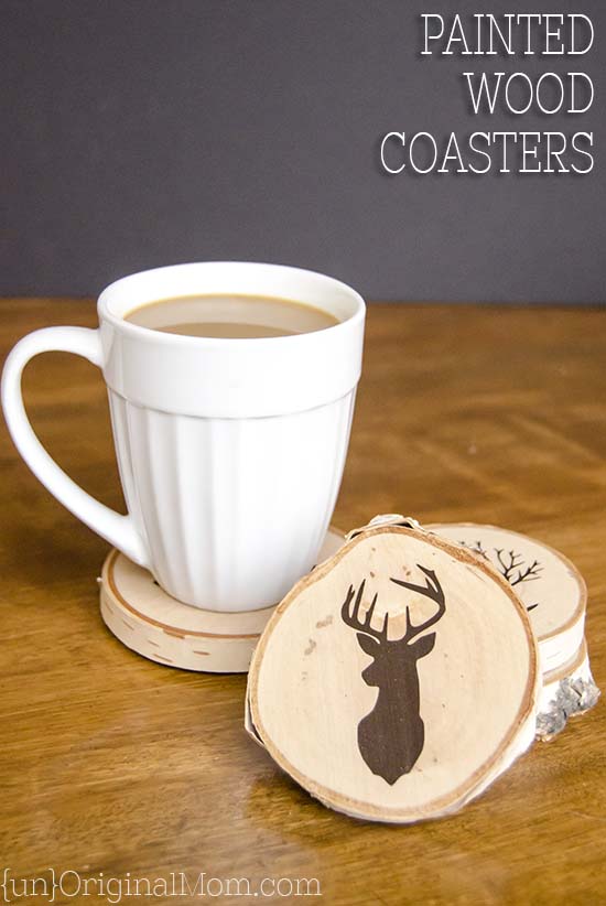 DIY Painted Wood Slice Coasters - cut a vinyl stencil or buy a pre-made one from the craft store for these easy and personal handmade gifts. (They make great gifts for guys!) #handmadegifts #giftsformen