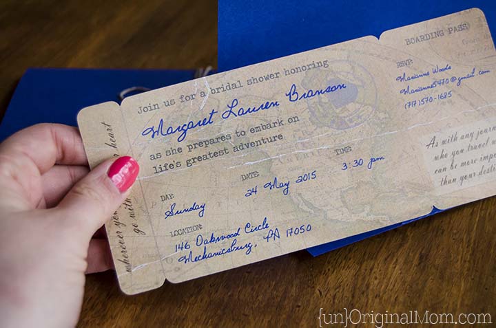 DIY Boarding Pass Invitations for a travel themed bridal shower - includes a free cut file for the invitation and the envelope!