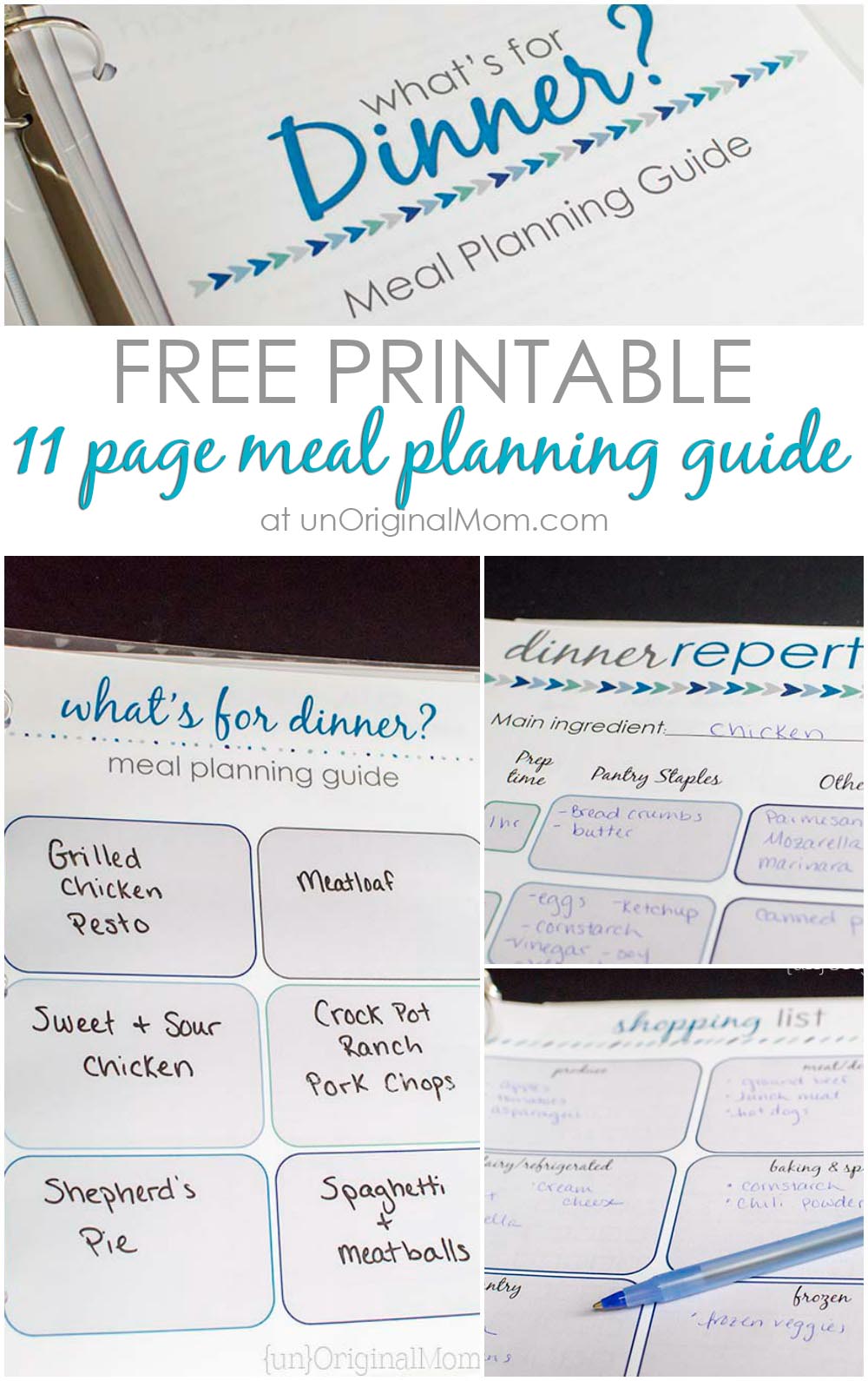 11 page flexible meal planning guide - includes dinner repertoire pages, a shopping list, pantry inventory chart, and more! What a great way to stay on top of meal planning.