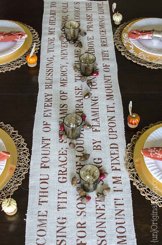 Freezer paper stenciled burlap with a hymn text - perfect for Thanksgiving!