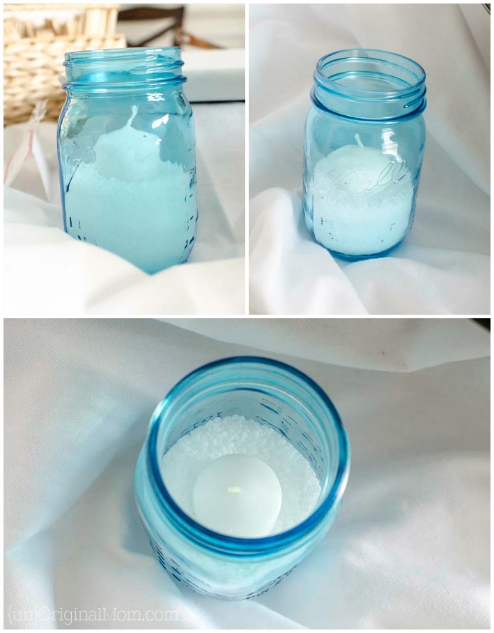 Super easy winter candles made with epsom salt and vintage blue mason jars