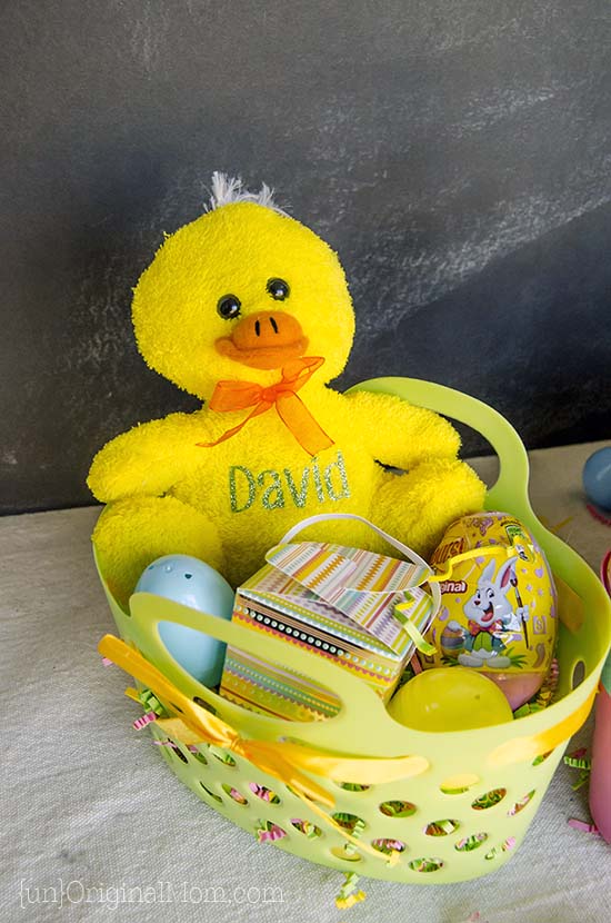 Cute little Easter Gift Baskets with personalized heat transfer vinyl stuffed animals. 