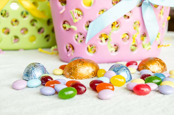 Cute little Easter Gift Baskets with personalized heat transfer vinyl stuffed animals. 