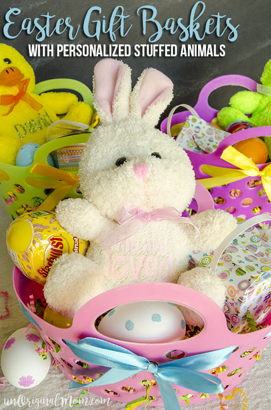 Cute little Easter Gift Baskets with personalized heat transfer vinyl stuffed animals. 