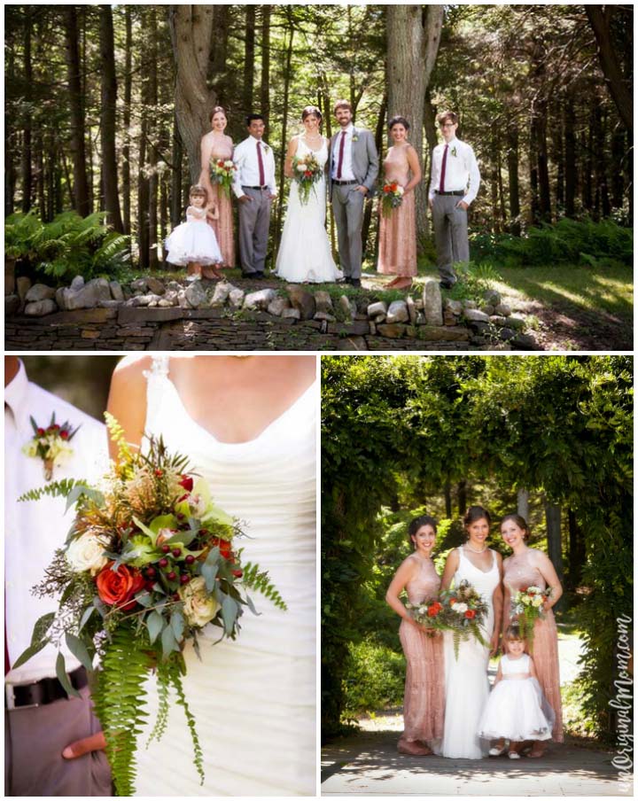 Bridal party and bouquet for a beautiful woodland wedding. Love those lace dresses!