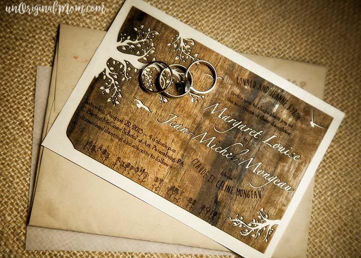 DIY wood veneer invitations for a woodland wedding. These are amazing!!