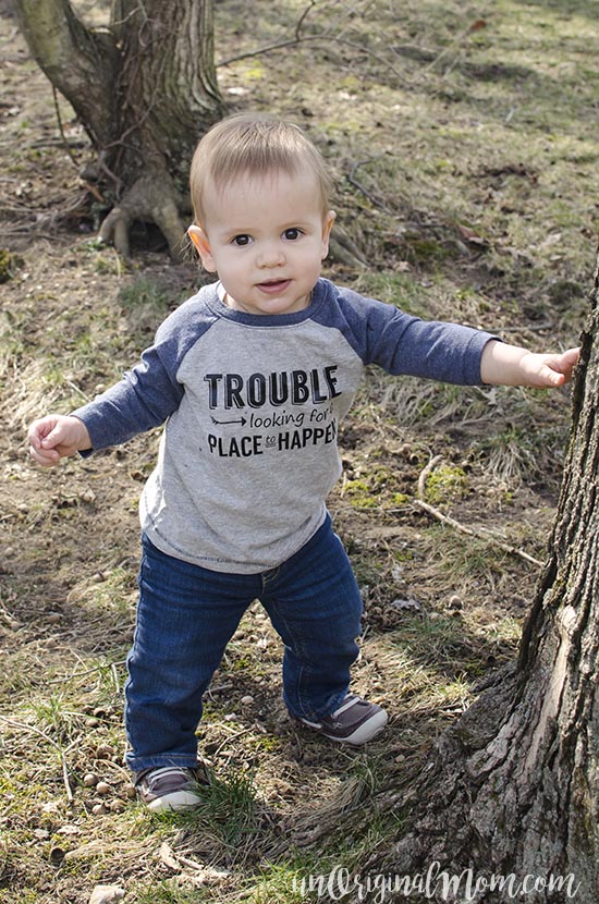 So cute - "trouble looking for a place to happen" toddler t-shirt, plus a free cut file for Silhouette machines.