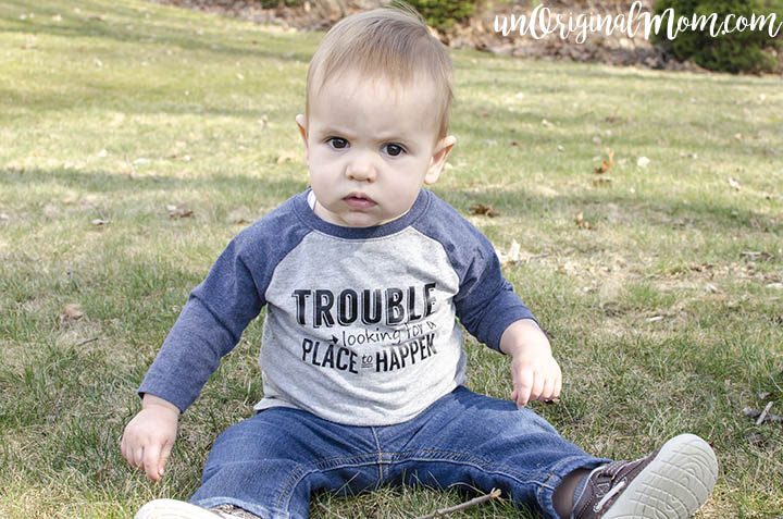 So cute - "trouble looking for a place to happen" toddler t-shirt, plus a free cut file for Silhouette machines.