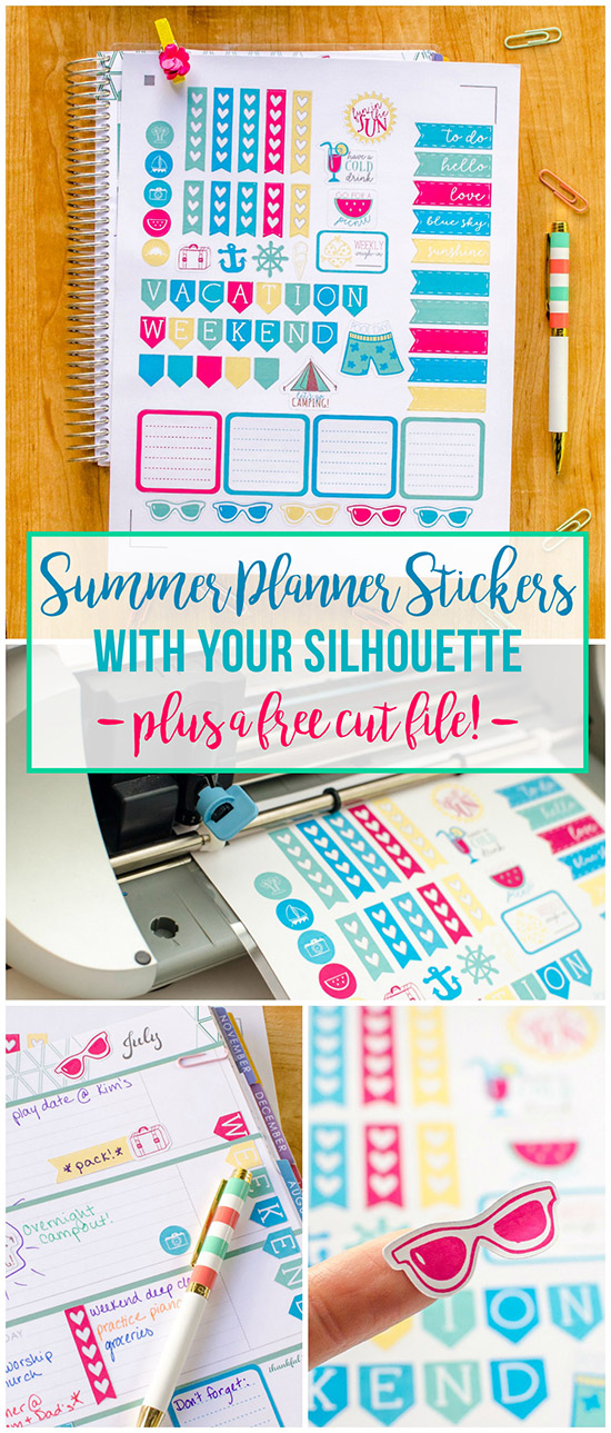 Really fun and colorful planner stickers for summer, made with a Silhouette. Plus a free cut file to print and cut your own.