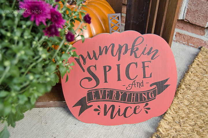 "Pumpkin spice and everything nice" sign with a free Silhouette cut file, made with Silhouette's new wood vinyl. So neat!