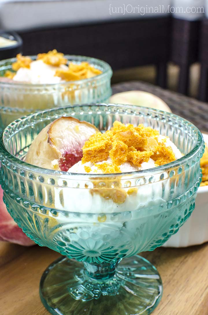 A unique and delicious ice cream sundae with roasted peaches and honeycomb candy. All natural flavors and ingredients!