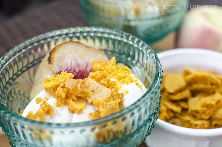 A unique and delicious ice cream sundae with roasted peaches and honeycomb candy. All natural flavors and ingredients!