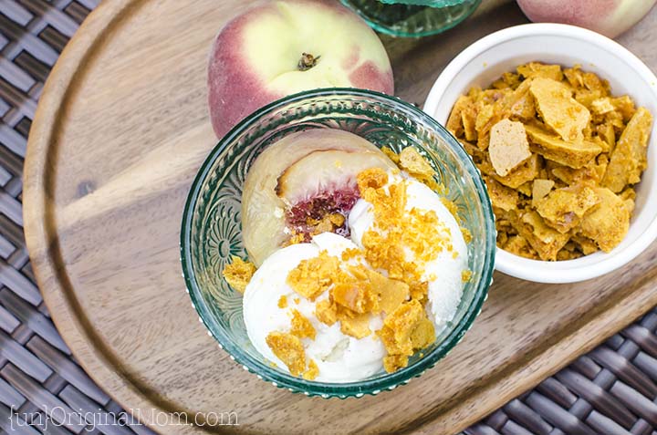 A unique and delicious ice cream sundae with roasted peaches and honeycomb candy. All natural flavors and ingredients!