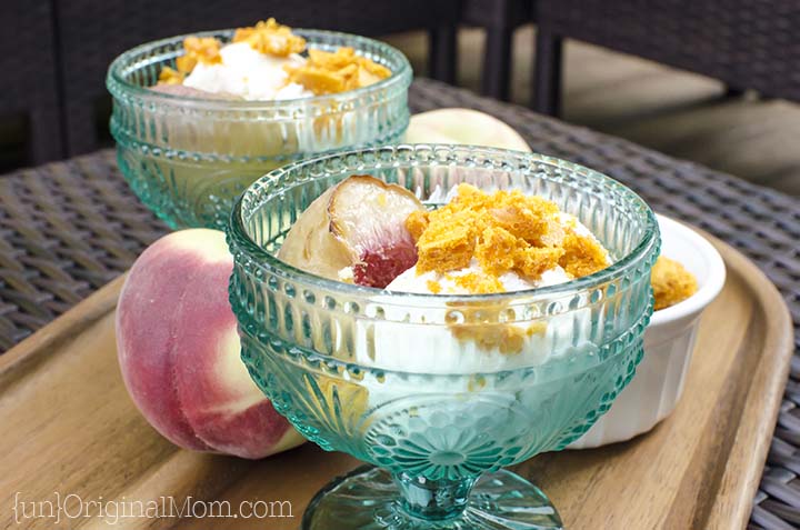 A unique and delicious ice cream sundae with roasted peaches and honeycomb candy. All natural flavors and ingredients!