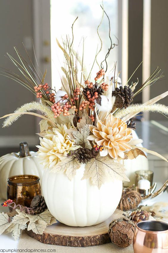 Beautiful and inspiring neutral fall tablescapes using lots of natural elements, white pumpkins, greens, browns, and grays. Great for early fall decorating that will last all the way until Thanksgiving.