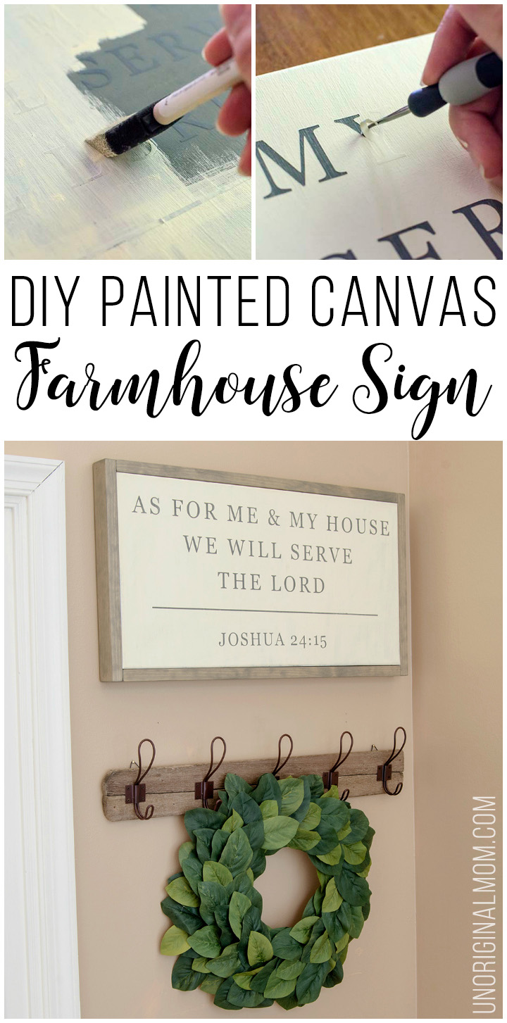 Love this farmhouse sign made by stenciling on a canvas. Great Magnolia Market knockoff, perfect for DIY farmhouse style decor! Joshua 24:15