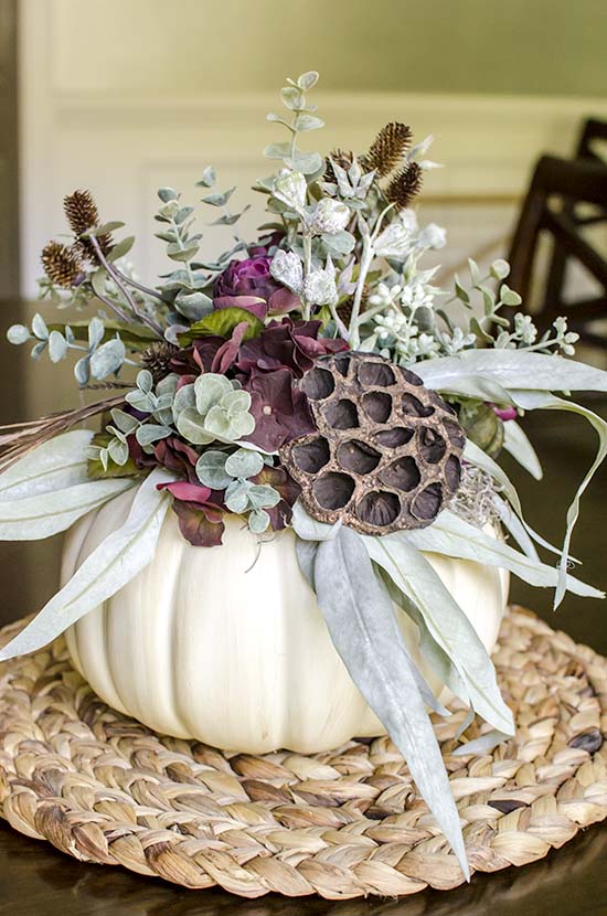 Tutorial to make your own faux pumpkin floral centerpiece. Beautiful!
