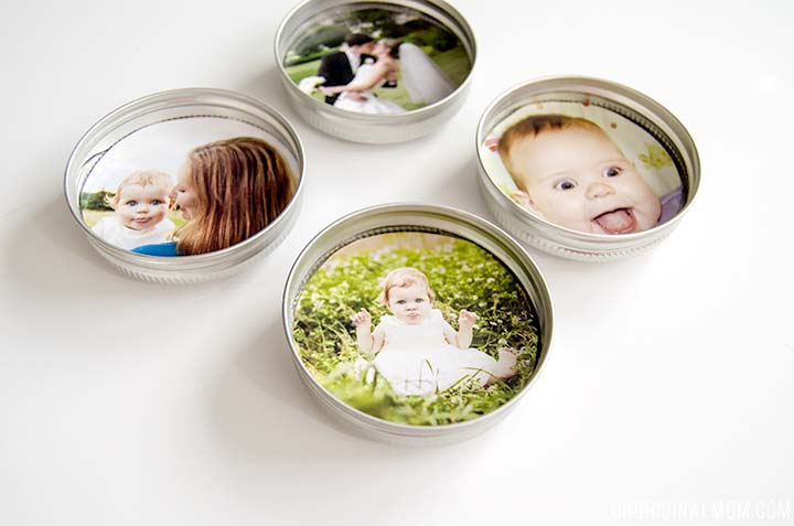 Upcycle your leftover mason jar lids with these super cute mason jar lid photo magnets! They'd make great gifts too!