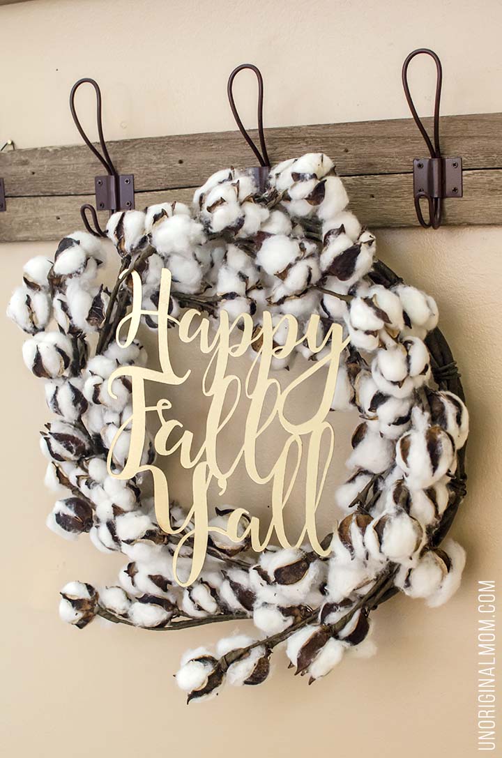 Love this rustic glam "Happy Fall Y'all" cotton wreath! There's a free Silhouette cut file, too!