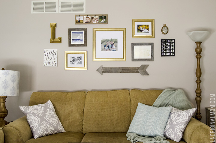 Above the sofa living room gallery walls - great ideas, including a pallet arrow!