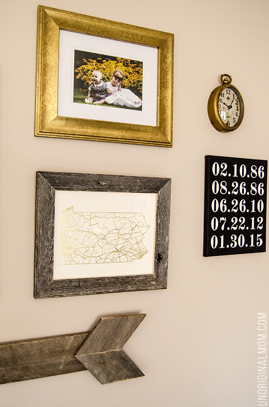 Above the sofa living room gallery walls - great ideas, including a pallet arrow!