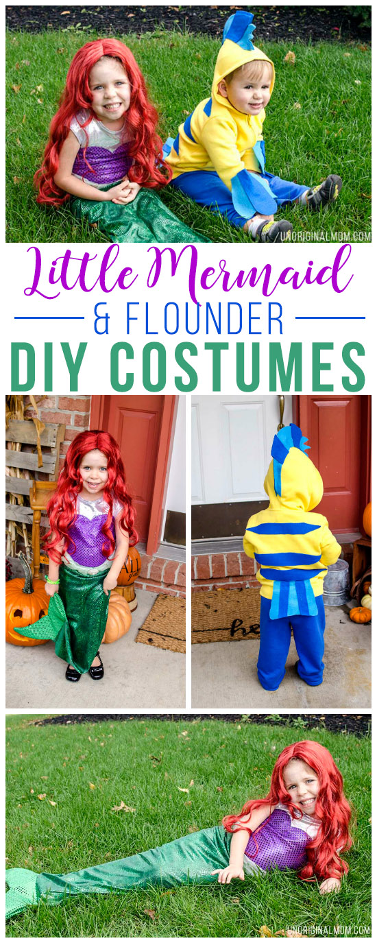 Adorable DIY Little Mermaid and Flounder costumes! The Ariel costume has a repositionable fin, and the no-sew toddler Flounder costume is super easy to make out of a yellow hoodie.