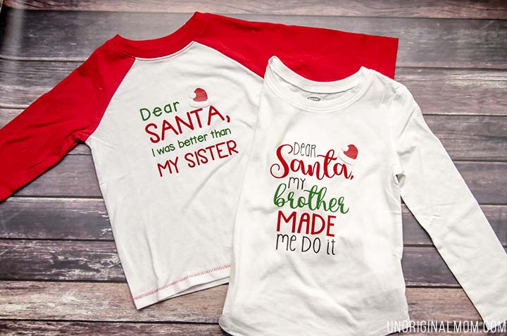 "Dear Santa" Brother-Sister shirts - such cute sibling christmas shirts! There's a free Silhouette cut file, too!