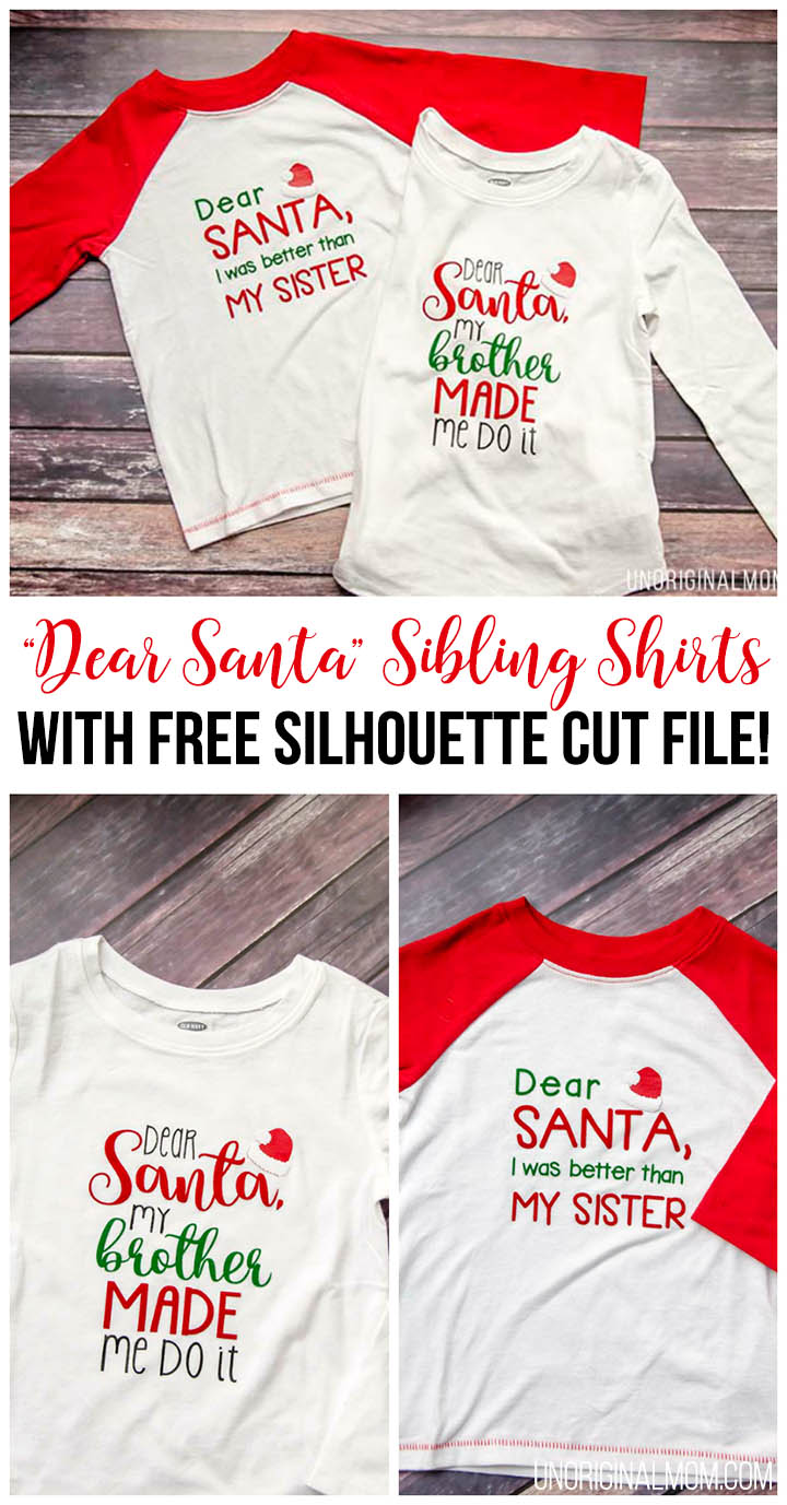 "Dear Santa" Brother-Sister shirts - such cute sibling christmas shirts! There's a free Silhouette cut file, too!