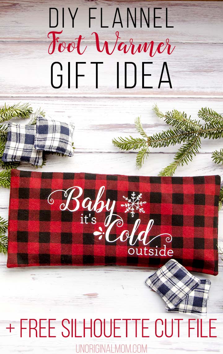 Love this easy DIY gift idea - make a flax seed foot warmer out of cozy flannel and personalize it with HTV. Free "Baby it's cold outside" Silhouette cut file, too!