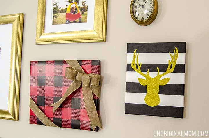 How to decorate a gallery wall for Christmas - great tips! I love the frames wrapped to look like gifts!