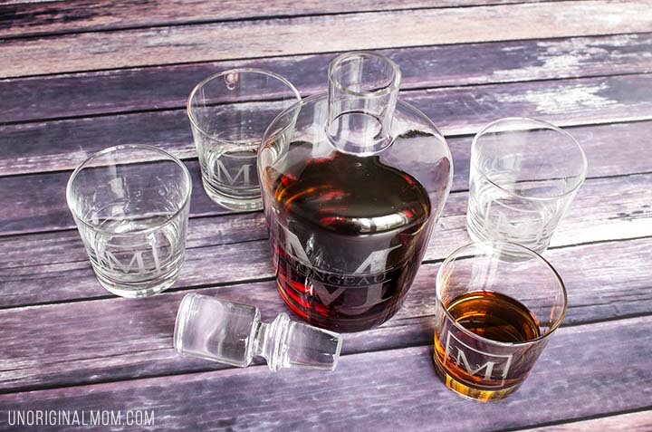 What a great "DIY gifts for men" idea - DIY etched monogram decanters. Personalize a whiskey decanter using your Silhouette and etching cream!