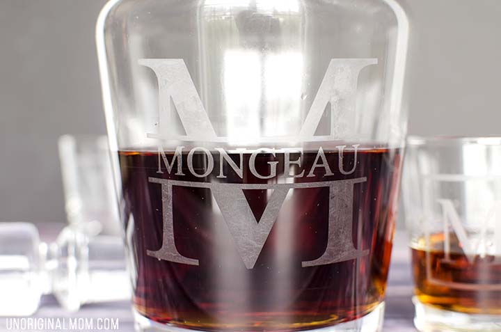 What a great "DIY gifts for men" idea - DIY etched monogram decanters. Personalize a whiskey decanter using your Silhouette and etching cream!