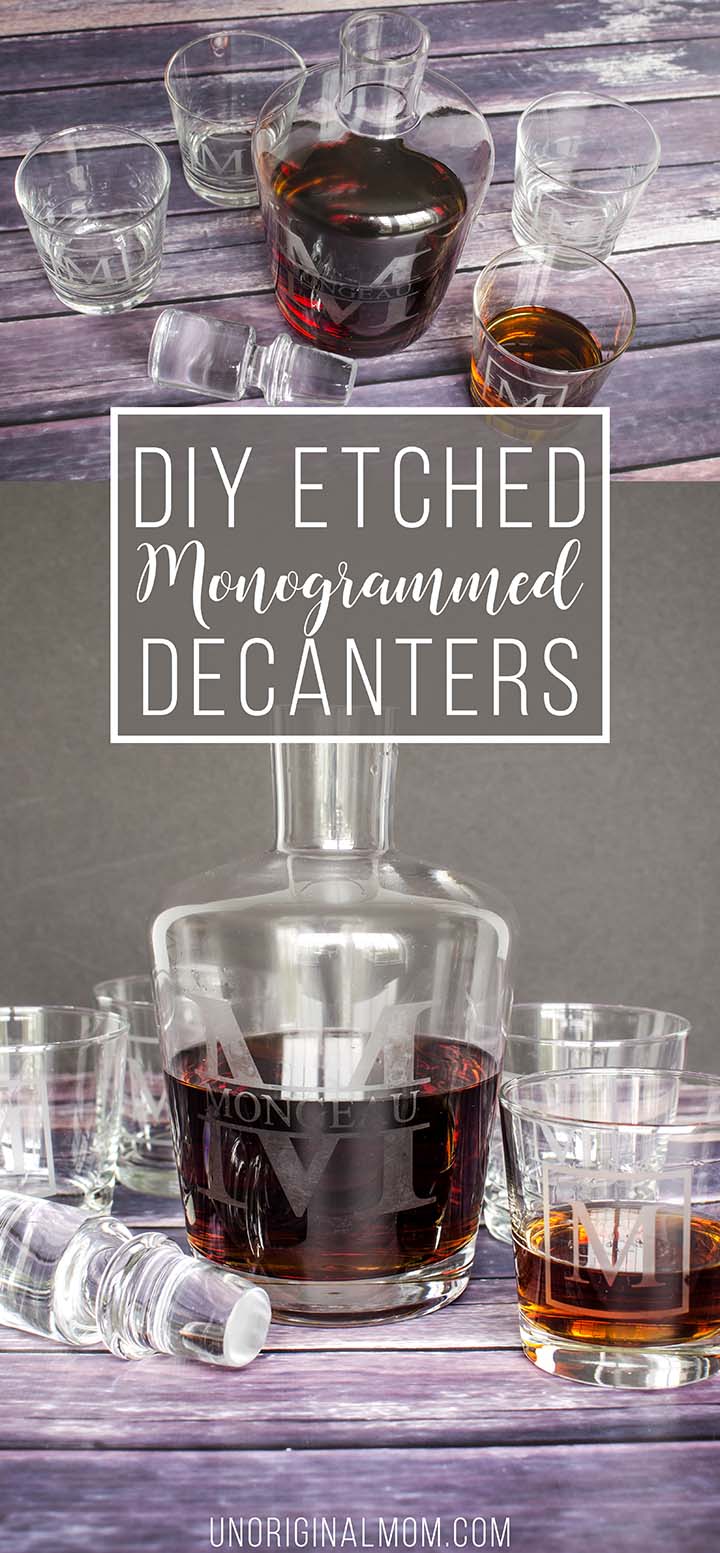 What a great "DIY gifts for men" idea - DIY etched monogram decanters. Personalize a whiskey decanter using your Silhouette and etching cream!