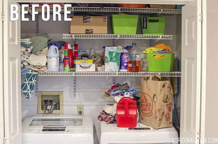 Organizing ideas and solutions for a small, multi-purpose laundry closet, complete with bins, labels, drawers, and even a pretty laundry sign!