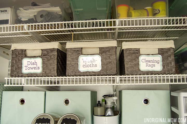 Organizing ideas and solutions for a small, multi-purpose laundry closet, complete with bins, labels, drawers, and even a pretty laundry sign!