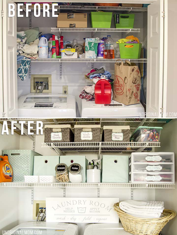 Organizing ideas and solutions for a small, multi-purpose laundry closet, complete with bins, labels, drawers, and even a pretty laundry sign!