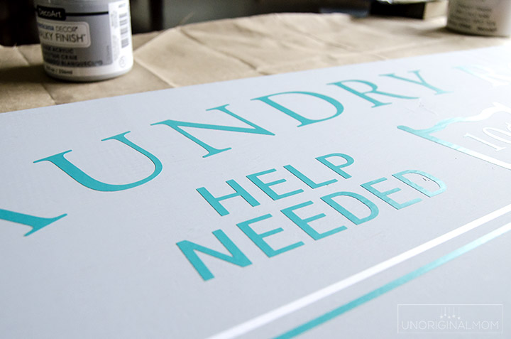 DIY Painted Laundry Room sign with a Silhouette using the PVPP method. Full tutorial and a free Silhouette cut file!