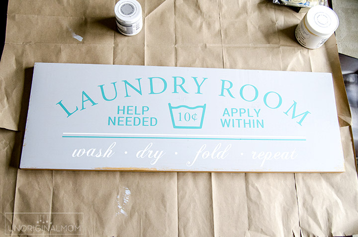 DIY Painted Laundry Room sign with a Silhouette using the PVPP method. Full tutorial and a free Silhouette cut file!