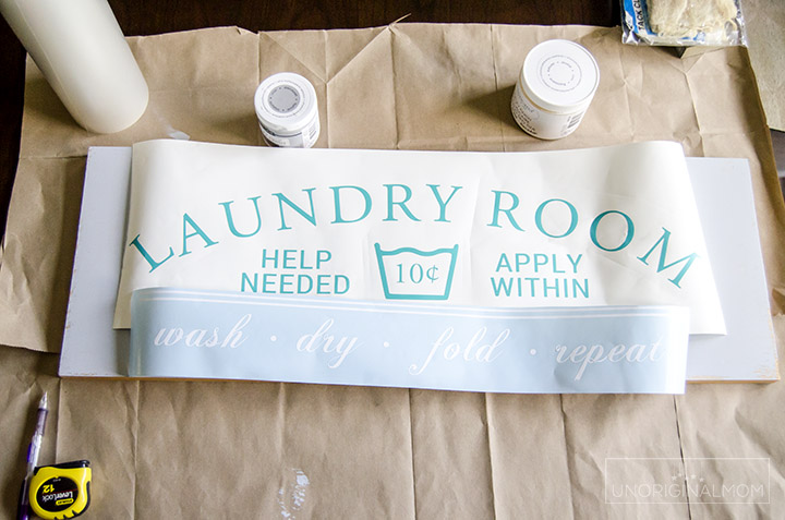 DIY Painted Laundry Room sign with a Silhouette using the PVPP method. Full tutorial and a free Silhouette cut file!