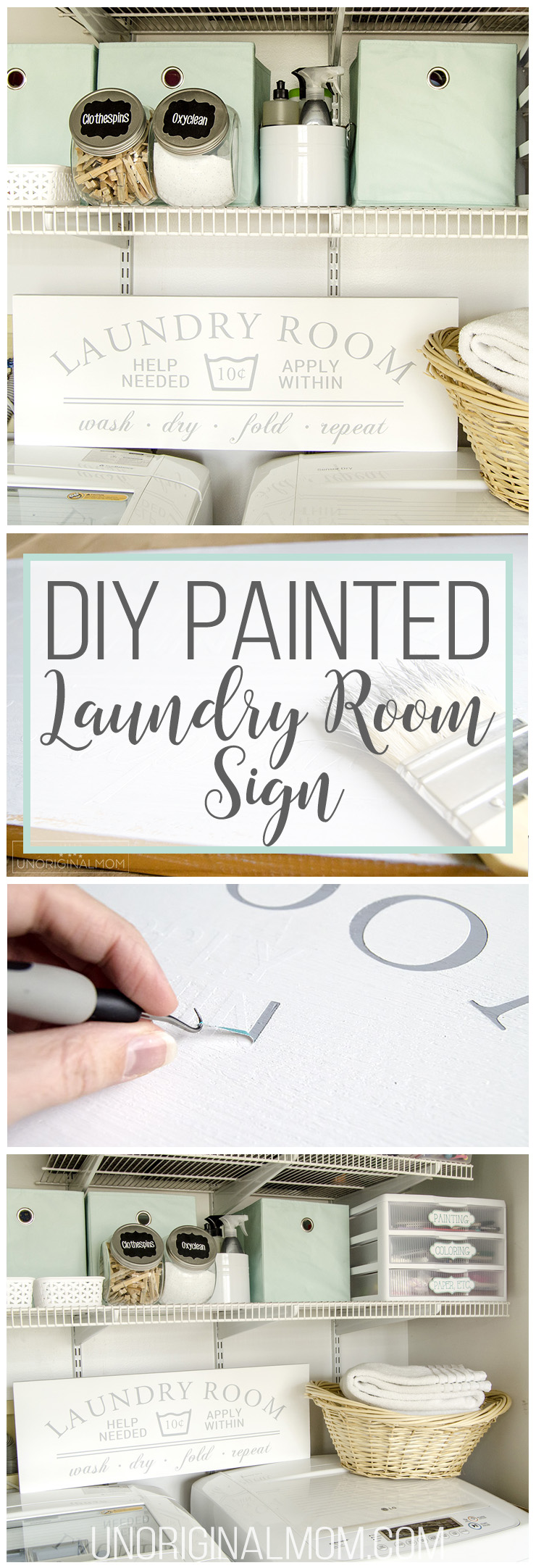 DIY Painted Laundry Room sign with a Silhouette using the PVPP method. Full tutorial and a free Silhouette cut file!